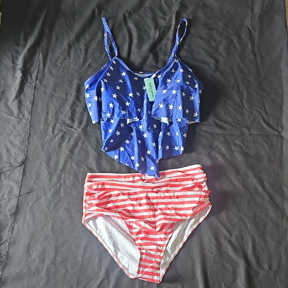 Star Print Blue Ruffle Tankini Top with Red & White Stripe High Waist Bottoms